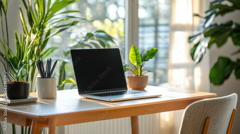 A modern home office setup with a minimalist desk A modern home office setup with a minimalist desk