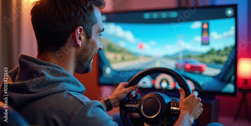 Gamer playing a car racing simulation at home with a steering wheel controller and having fun, e-sports and gaming industry photo