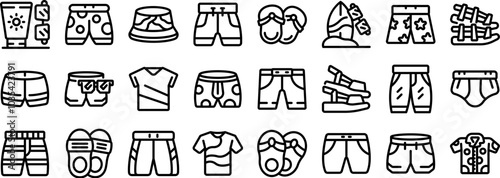 Male beach wear icons set. Line icons set of man clothes and accessories for summer holidays, beach vacation and travel