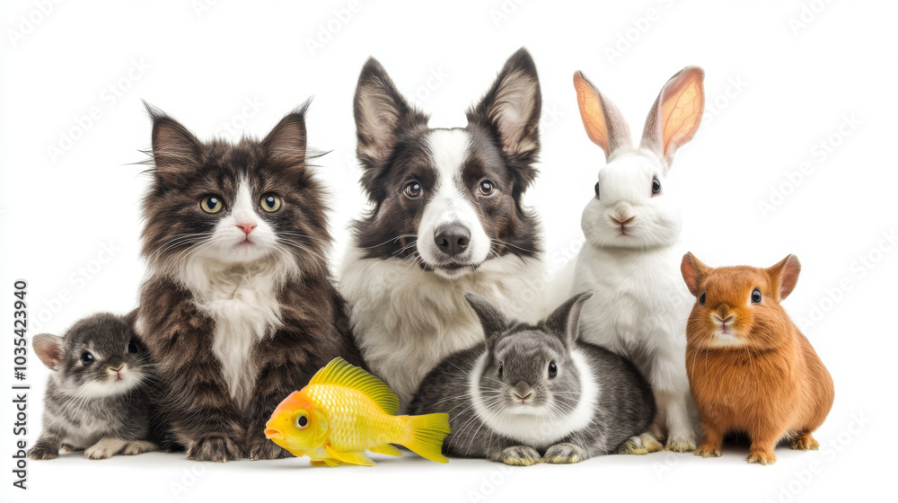 A group of pets posing together, including a dog, cat, ferret, rabbit, bird, fish, and rodent, all isolated on a white background.
A group of pets posing together, including a dog, cat, ferret, rabbit, bird, fish, and rodent, all isolated on a white background.