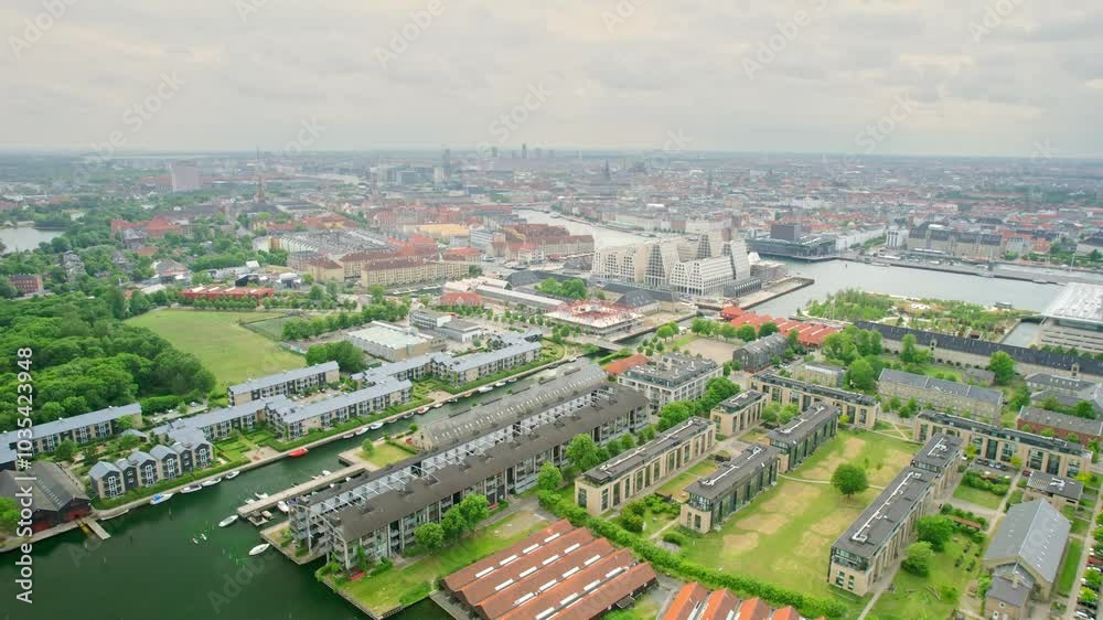 Aerial view of beautiful cityscape with canal and harbour, Copenhagen, Denmark. Aerial view of beautiful cityscape with canal and harbour, Copenhagen, Denmark.