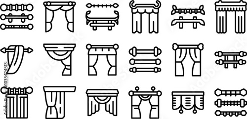 Cornice curtains icons set. Interior designers are choosing modern curtains for apartments decoration using a tablet showing a wide variety of choices