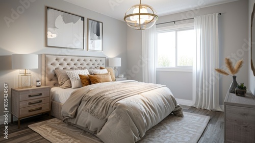 An elegant coastal Scandinavian bedroom featuring a double bed with an upholstered headboard bedside tables