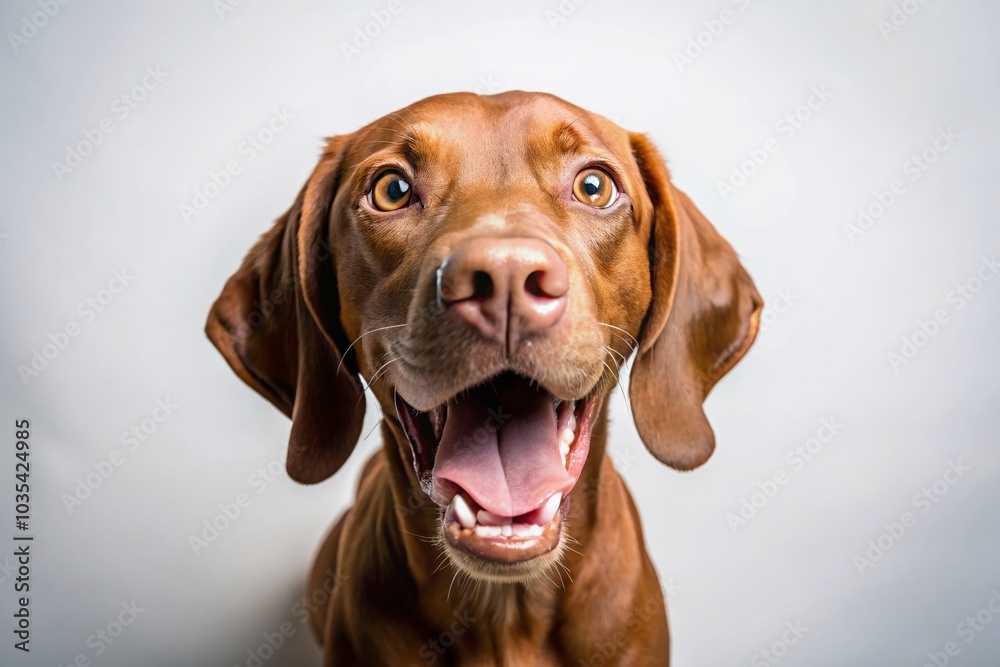 Happy Brown Italian Vizsla Dog Night Photography - Excited Canine on White Background Happy Brown Italian Vizsla Dog Night Photography - Excited Canine on White Background