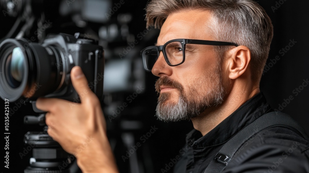 A professional male photographer with glasses and a grey beard is focusing his camera during a studio photoshoot, capturing detailed shots.. A professional male photographer with glasses and a grey beard is focusing his camera during a studio photoshoot, capturing detailed shots..