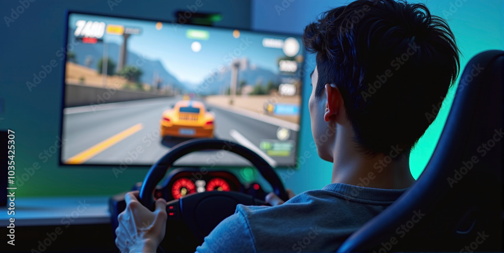 Gamer playing a car racing simulation at home with a steering wheel controller and having fun, e-sports and gaming industry Gamer playing a car racing simulation at home with a steering wheel controller and having fun, e-sports and gaming industry