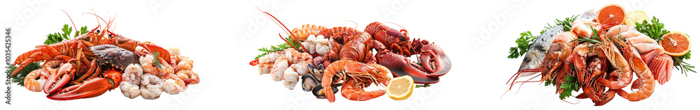 Seafood platter with fresh shrimp, lobster, crabs & citrus. Set of png on transparent background Seafood platter with fresh shrimp, lobster, crabs & citrus. Set of png on transparent background
