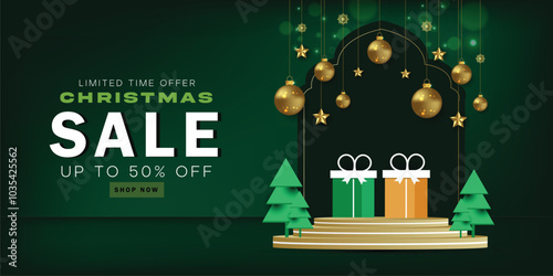 Christmas sale promotion banner for product Podium with gifts and christmas tree