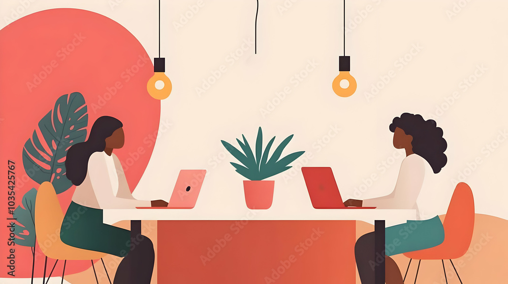 Two Women Collaborating in Modern Office Space Two Women Collaborating in Modern Office Space