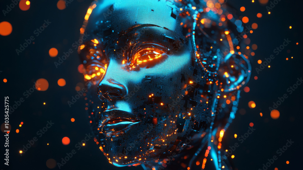 An abstract 3D rendering of a human face designed for recognition, composed of particles, gems, and polygons. The illustration features a robot or cyborg with a neon glow, representing future technolo An abstract 3D rendering of a human face designed for recognition, composed of particles, gems, and polygons. The illustration features a robot or cyborg with a neon glow, representing future technolo
