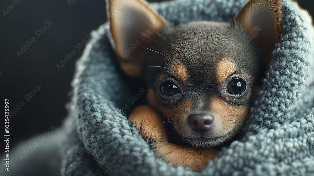 Chihuahua Puppy Wrapped in a Warm Blanket in a Cozy Room Chihuahua Puppy Wrapped in a Warm Blanket in a Cozy Room