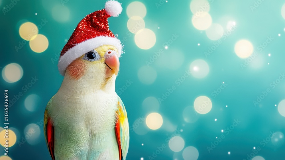 Obraz premium Portrait of a joyful Cockatiel wearing a Christmas hat, set against a vibrant turquoise studio backdrop with bright lighting, copy space, Cockatiel Christmas hat, festive bird portrait, holiday animal
