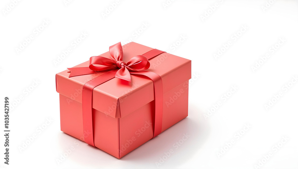 Red gift box with red bow isolated on white background. Gift box background