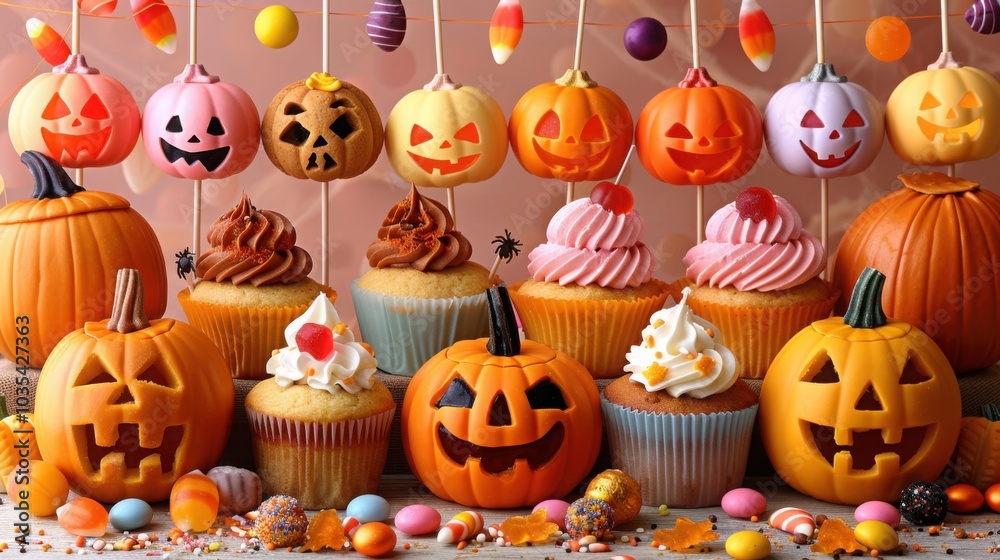 A colorful array of Halloween-themed cupcakes and jack o lanterns is arranged with candy and playful pumpkin decorations, creating a festive holiday scene.
A colorful array of Halloween-themed cupcakes and jack o lanterns is arranged with candy and playful pumpkin decorations, creating a festive holiday scene.
