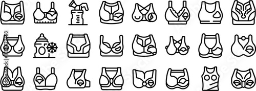Nursing bra icons set. Different types of bras and accessories for breastfeeding mothers in black outline thin line style