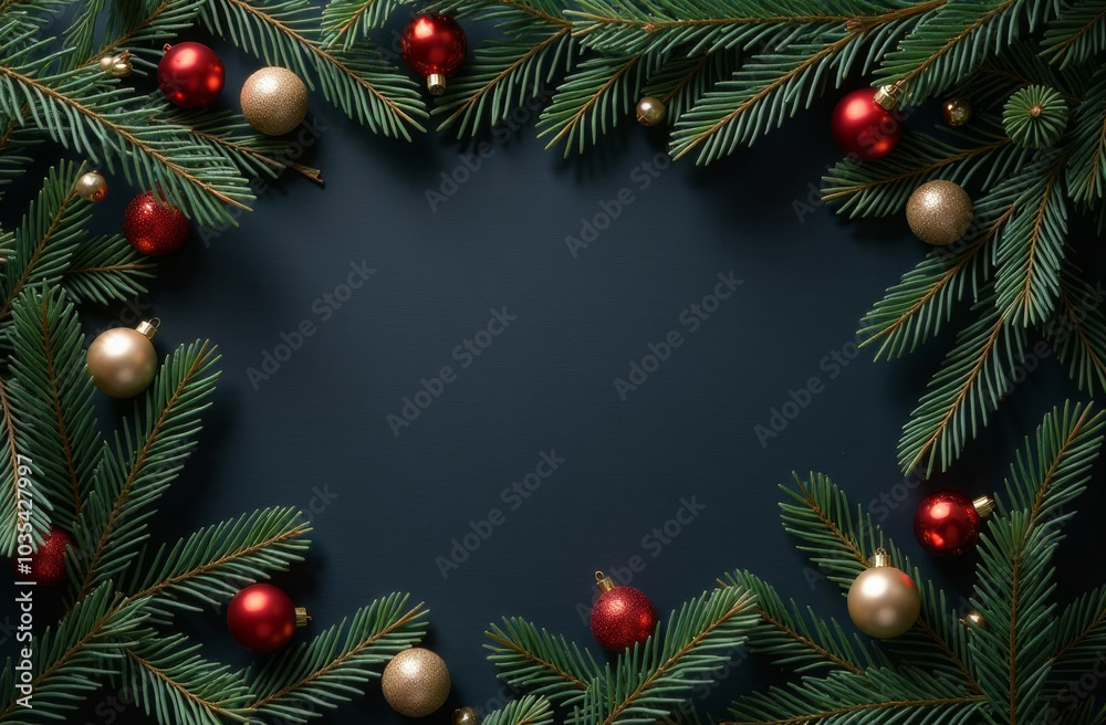 Decorated Christmas tree branches lying on black background, postcard with free space for text, top view