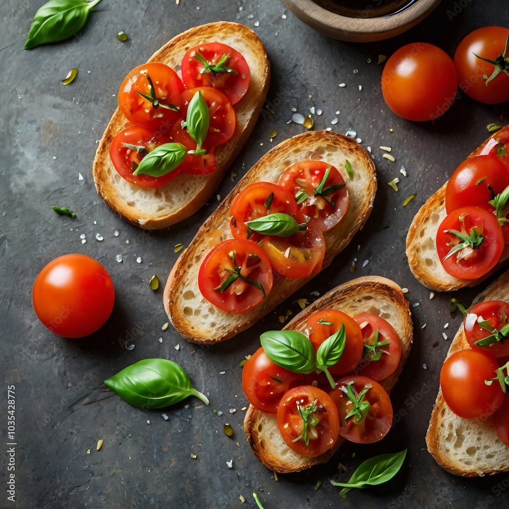 Bruschetta with fresh tomatoes and basil on bread Bruschetta with fresh tomatoes and basil on bread