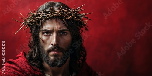 Portrait of Jesus Christ in black and white with copy space.  illustration, Generative AI