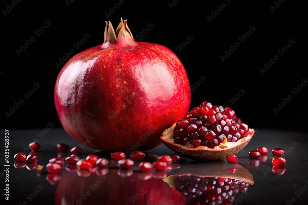 Low angle view of delicious pomegranate and seeds isolated on black background Low angle view of delicious pomegranate and seeds isolated on black background