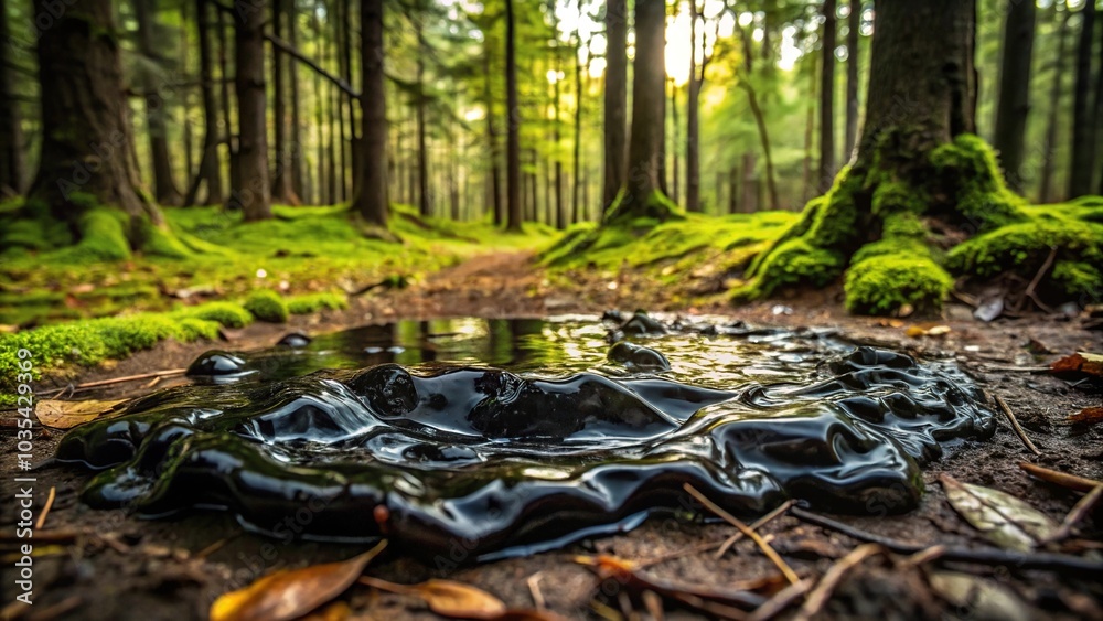 Dark, sticky black slime covering a forest floor, forest floor, decaying leaves, moss Dark, sticky black slime covering a forest floor, forest floor, decaying leaves, moss