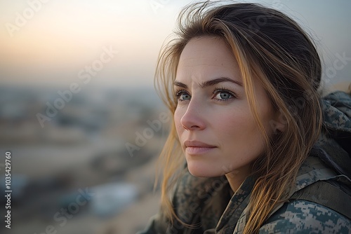 A female soldier in uniform gazes into the distance at sunset