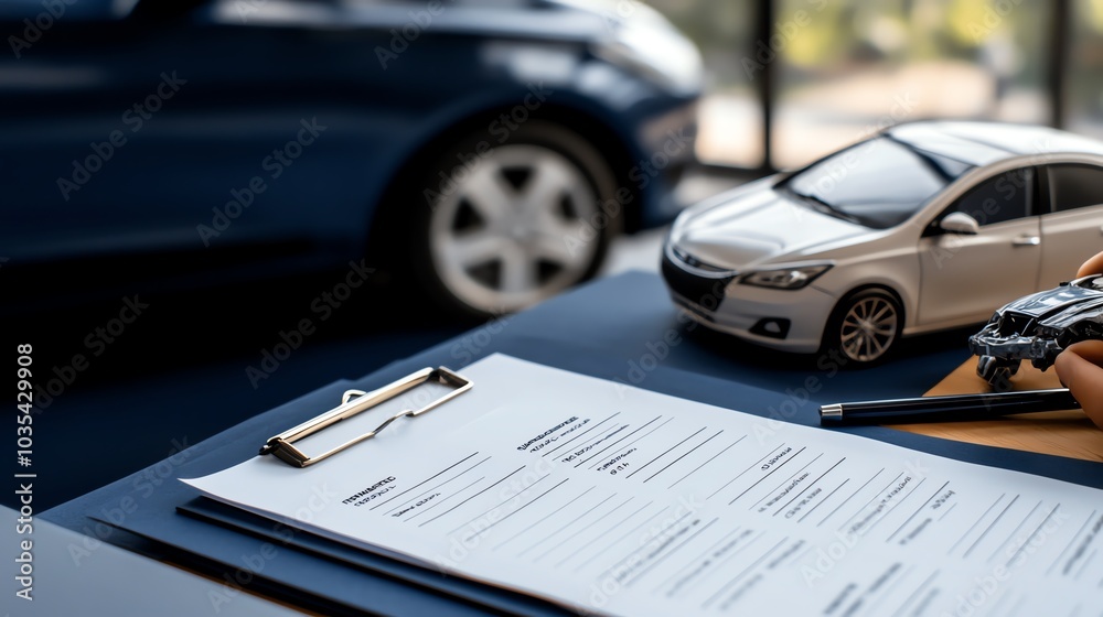 A car key and a clipboard with paperwork lie on a table, with a car in the background. This image represents car sales, car insurance, or car financing. A car key and a clipboard with paperwork lie on a table, with a car in the background. This image represents car sales, car insurance, or car financing.
