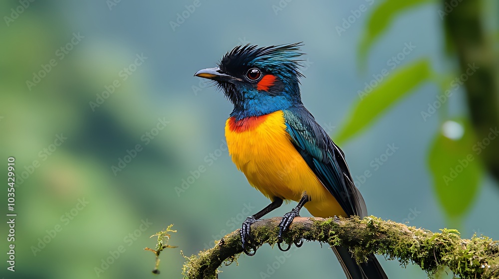 Fototapeta premium A vibrant blue, yellow, and red bird perches on a branch in a lush green forest.