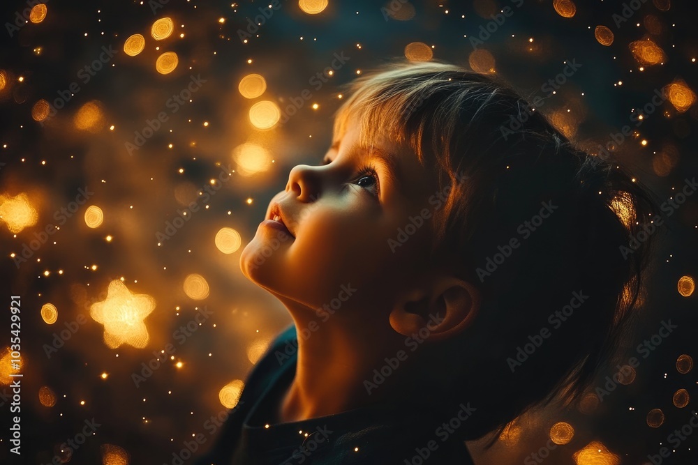 Toddler looking up in wonder at sparkling christmas lights Toddler looking up in wonder at sparkling christmas lights