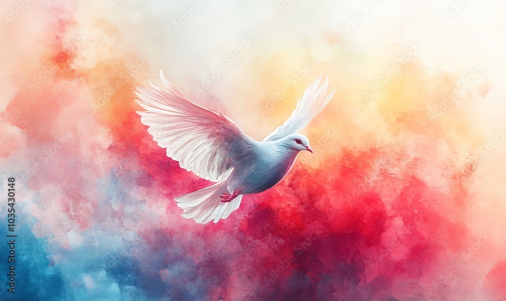 Fototapeta premium Holy Spirit. Dove on abstract colorful watercolor background. Digital art painting. Illustration, Generative AI