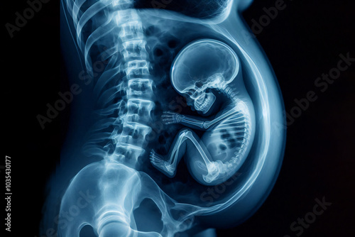 a fetus baby with flower petals in mother's body, belly. Rentgen image
