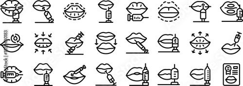 Lip injections icons set. This icon set representing lip augmentation surgery includes various methods of injecting hyaluronic acid for lip enhancement