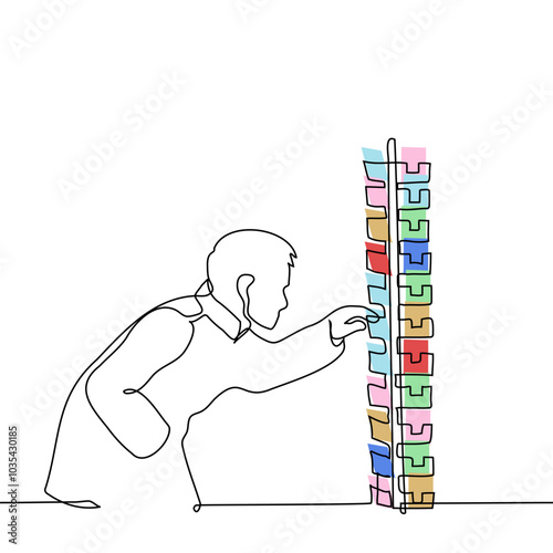 man choosing postcard on stand - one line art vector. concept male postcard collector, man in coat leaning in front of stand with postcards