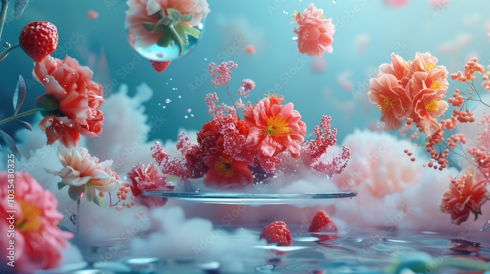 Pink and white flowers falling into water with a splash of water and milk. A dreamy, artistic, and colorful composition. Pink and white flowers falling into water with a splash of water and milk. A dreamy, artistic, and colorful composition.