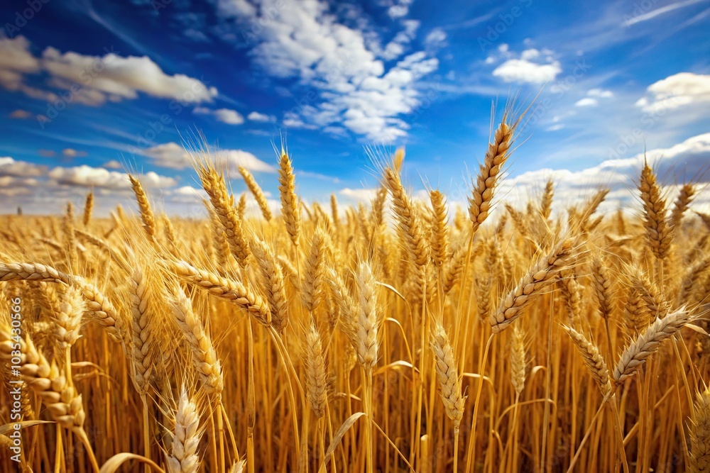 Low angle view of golden wheat field under blue sky Low angle view of golden wheat field under blue sky