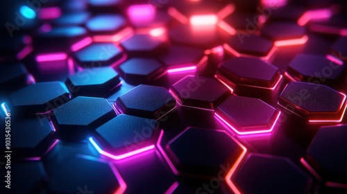 Abstract background with glowing hexagonal pattern in blue and pink neon light.