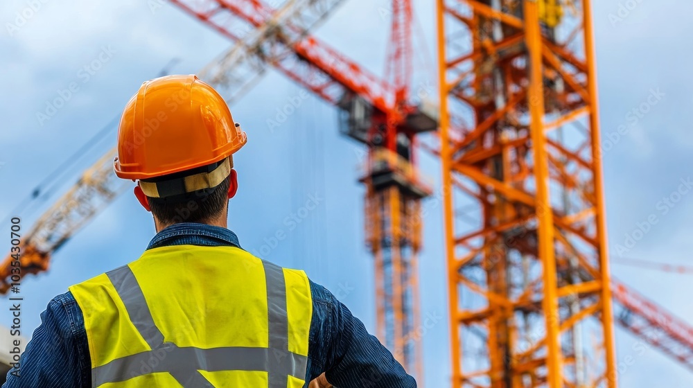 A construction worker directing crane operations at a building site, with a focus on safety signals and machinery, looking at the camera A construction worker directing crane operations at a building site, with a focus on safety signals and machinery, looking at the camera