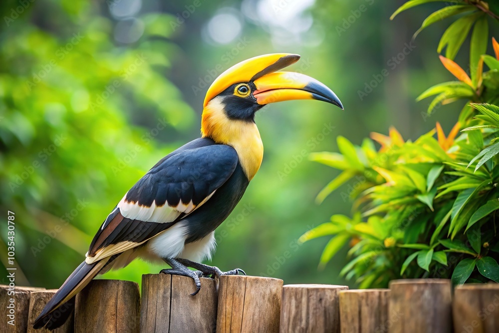Low angle view of Great Hornbill perched on wooden fence Low angle view of Great Hornbill perched on wooden fence