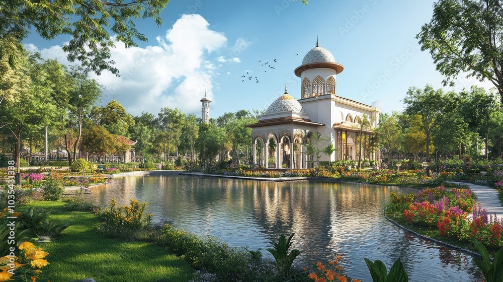 Fototapeta premium Ornate building with a pond and flowers.