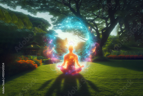 A man in the forest, unity with nature, environmental protection, harmony of body and soul, aura photo