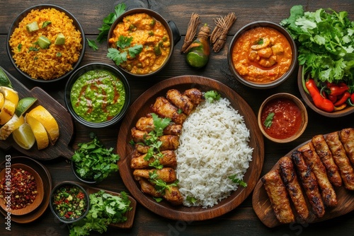 Assorted indian dishes served on rustic wooden table for dinner party