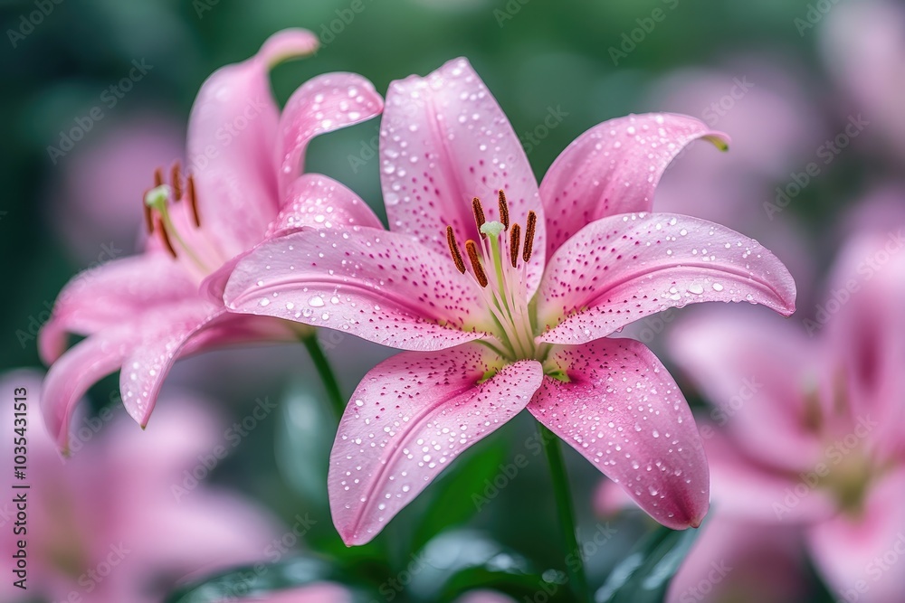 Fototapeta premium Pink lily flowers blooming in a summer garden