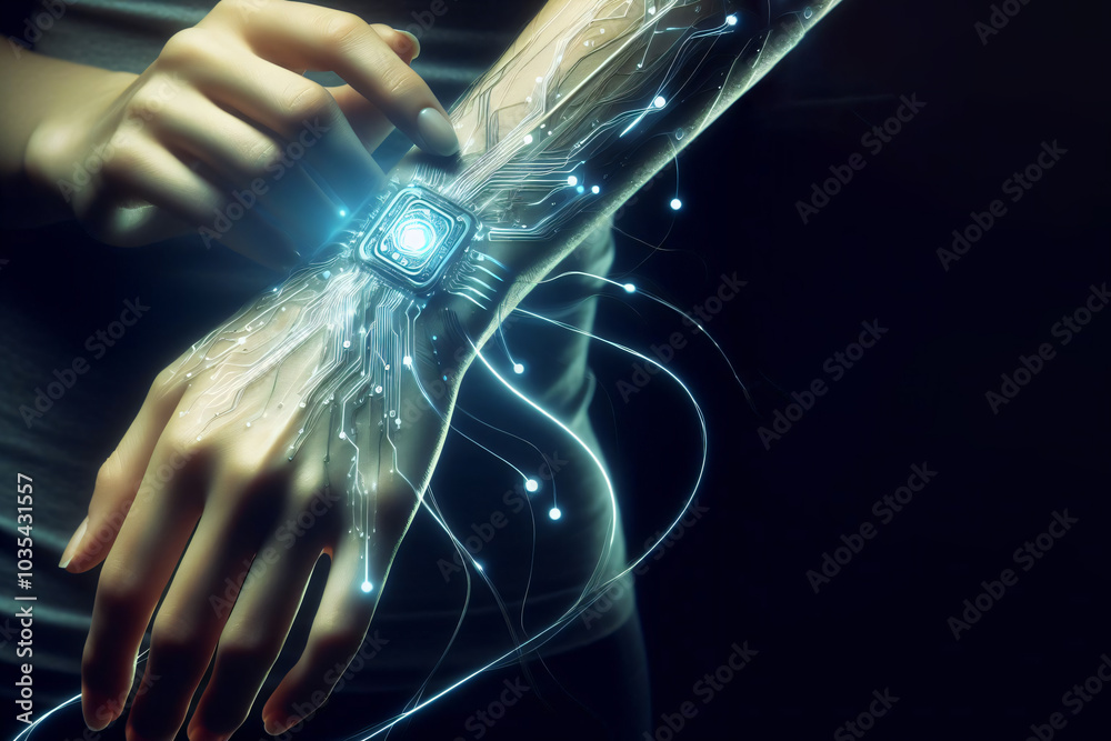 Hand with chip compenent. Embedding the chip under human skin ...