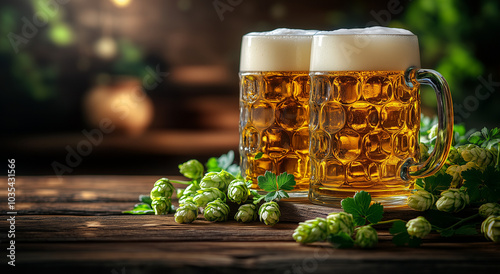 Glasses of beer on a wooden stand, green hops and a checkered plaid on a wooden table with space for text, created with Generative AI technology