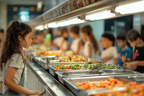 Little girl choosing food from variety of dishes in school canteen photo