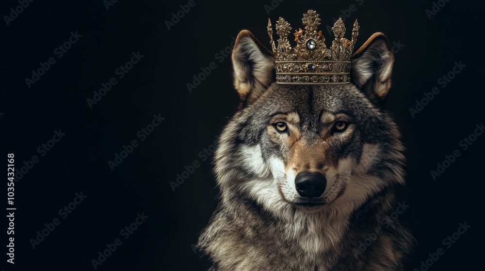 Fototapeta premium Portrait of a wolf wearing a crown, velvet studio backdrop, luxurious, soft lighting, professional photography, copy space, alpha, pack leader, wilderness, royalty 