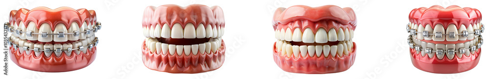Various dental models showing teeth with braces in a bright setting. Set of png on transparent background Various dental models showing teeth with braces in a bright setting. Set of png on transparent background