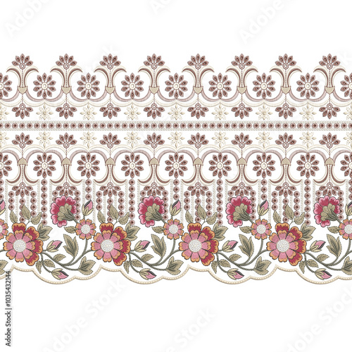 Floral seamless border lace design for digital and textile print on fabric.