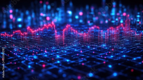 Dynamic Perspective View of Stock Market Growth Featuring Digital Financial Graphs and Symbols for Investment Visualization