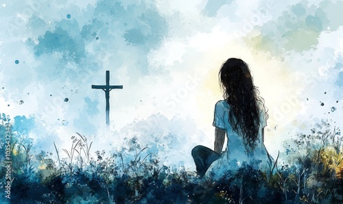 Mary kneeling and looking at the cross in the sky. Digital watercolor painting, Generative AI
