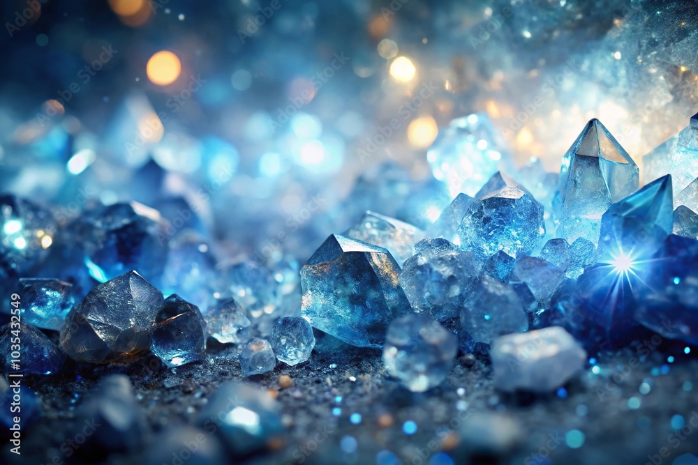 Low angle view of marble-like crystals in blues and grays with shimmering particles and glowing light Low angle view of marble-like crystals in blues and grays with shimmering particles and glowing light